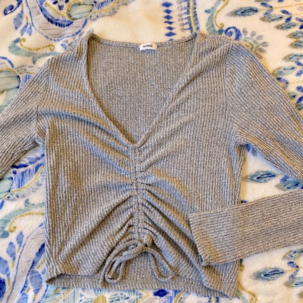 Heather grey drawstring, ribbed front top GARAGE